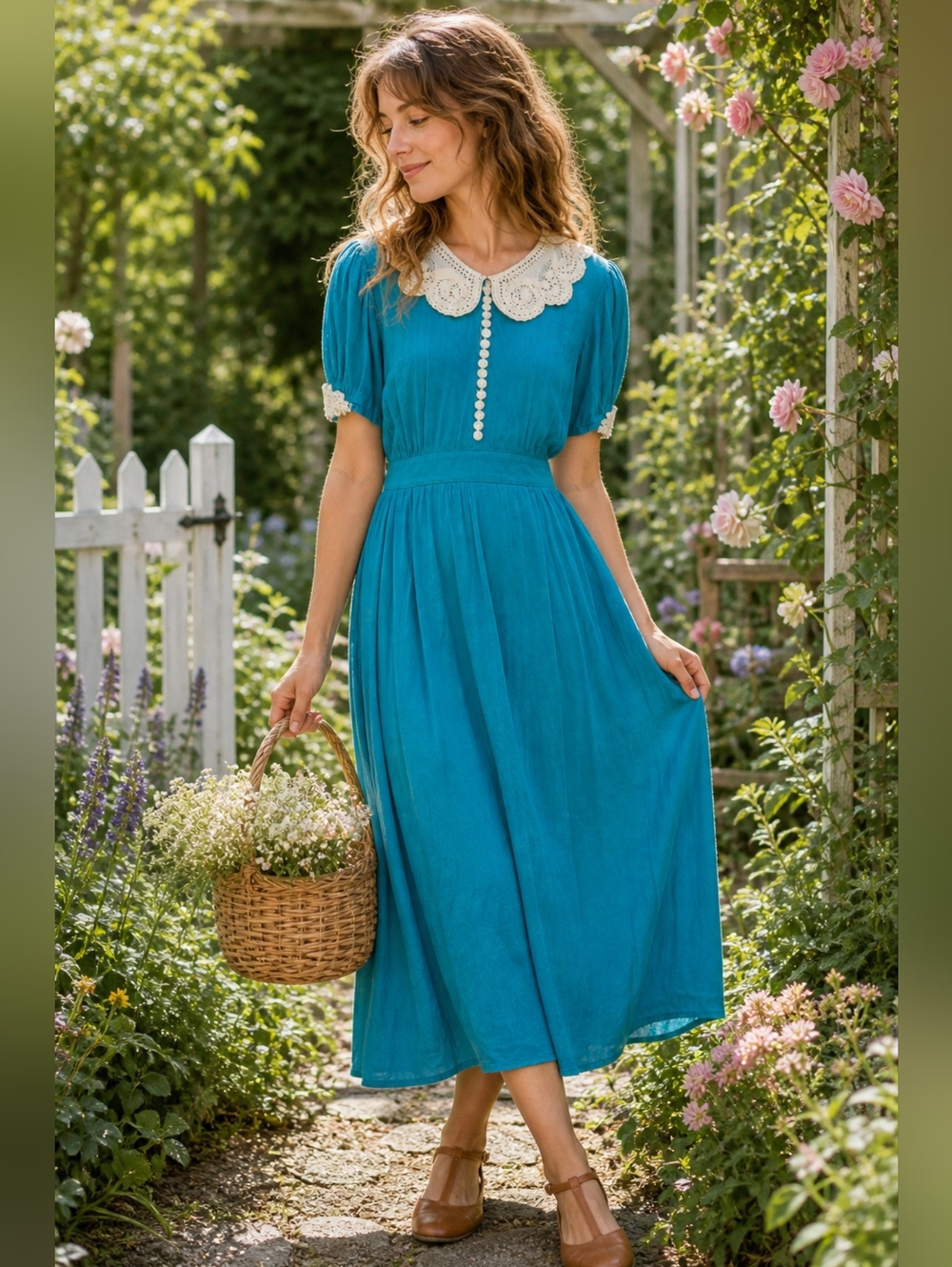 Vintage Teal Midi Dress Lace Collar Prairie Cottagecore Button Front Size 10